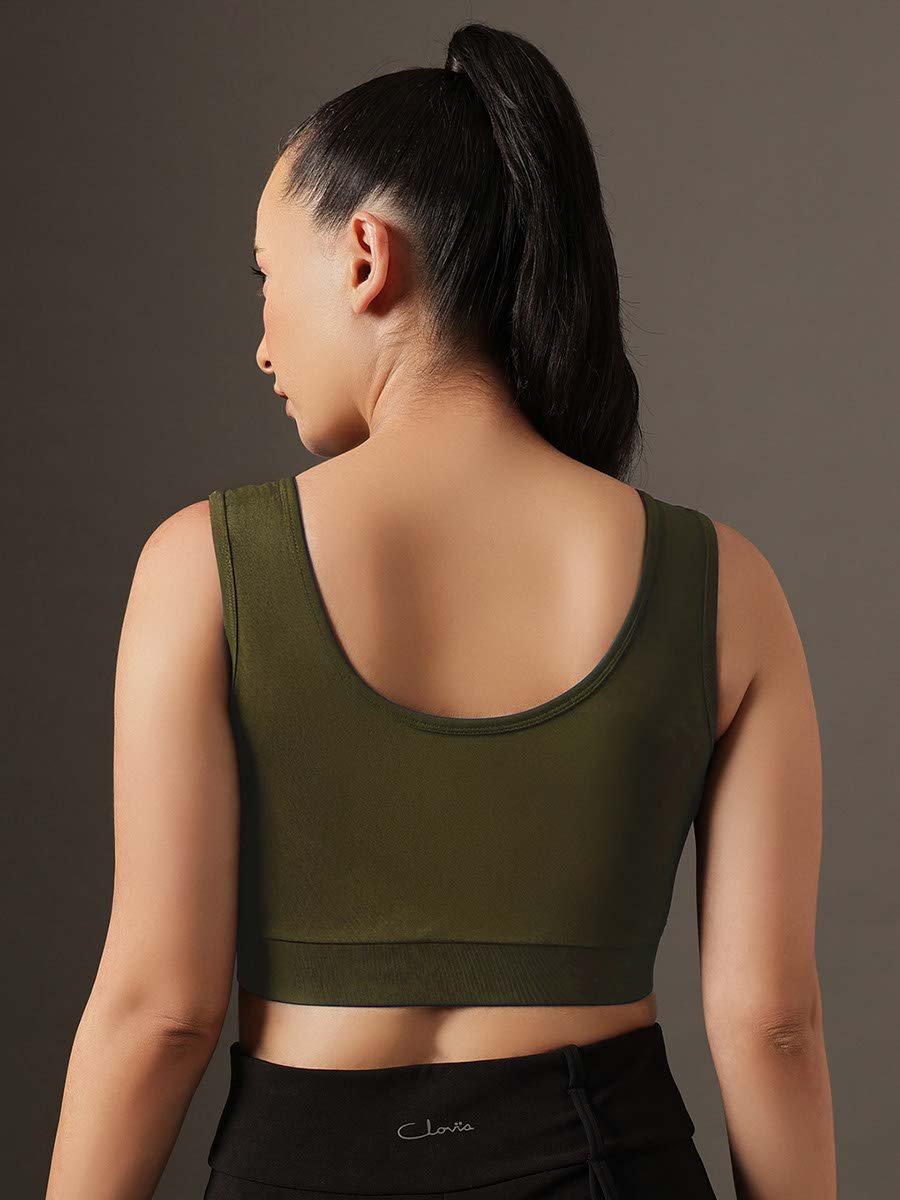 Dark Green Solid Medium Impact Zip-Front Sports Bra