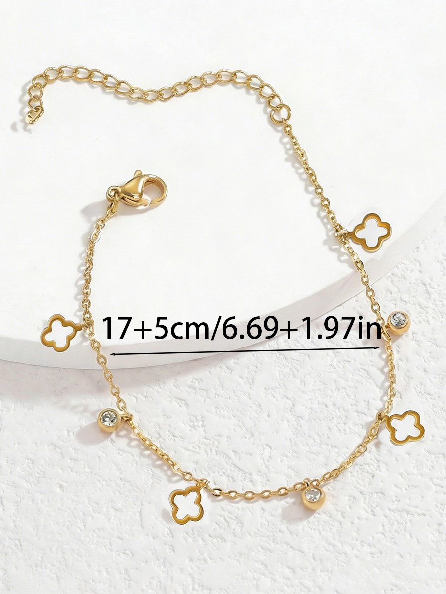 Gold Plated Clover Charm Bracelet with Zircon for Women.