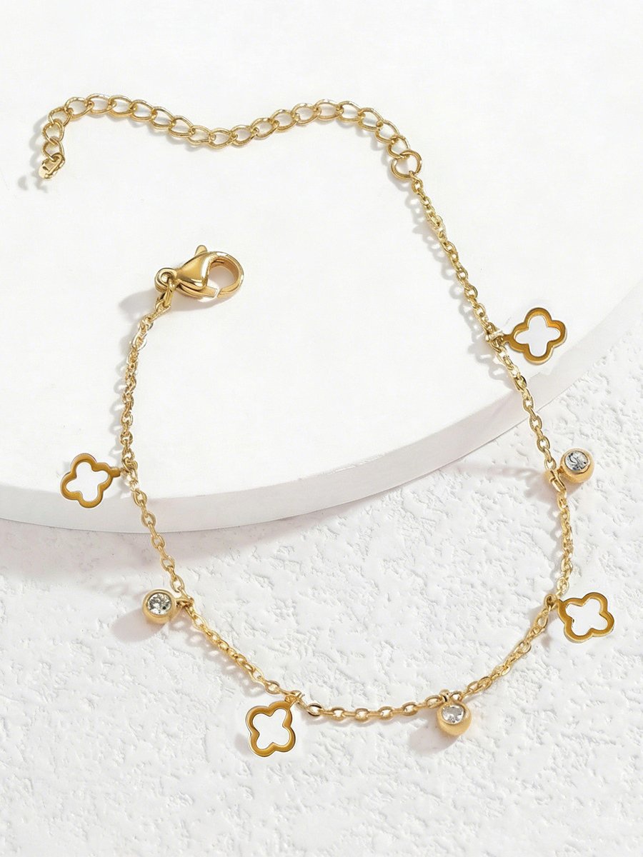 Gold Plated Clover Charm Bracelet with Zircon for Women.