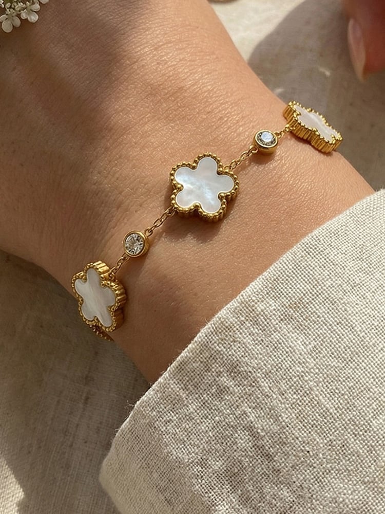 White Mother-of-Pearl Clover Charm Bracelet - Gold Tone.