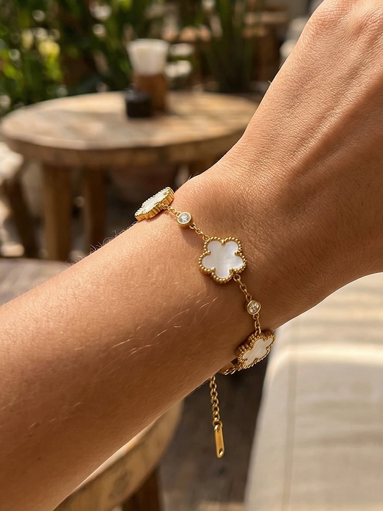 White Mother-of-Pearl Clover Charm Bracelet - Gold Tone.