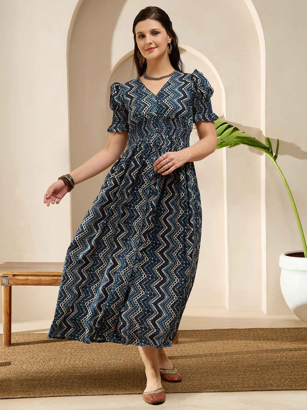 Navy Blue Geometric Print Smocked Maxi Dress with Puff Sleeves
