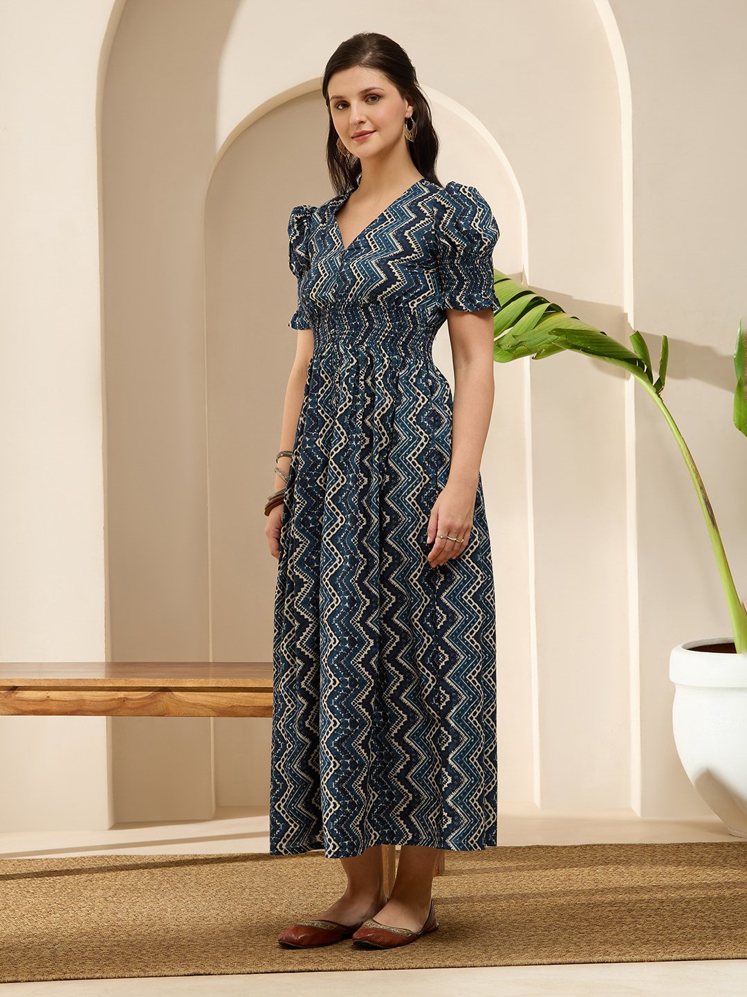 Navy Blue Geometric Print Smocked Maxi Dress with Puff Sleeves