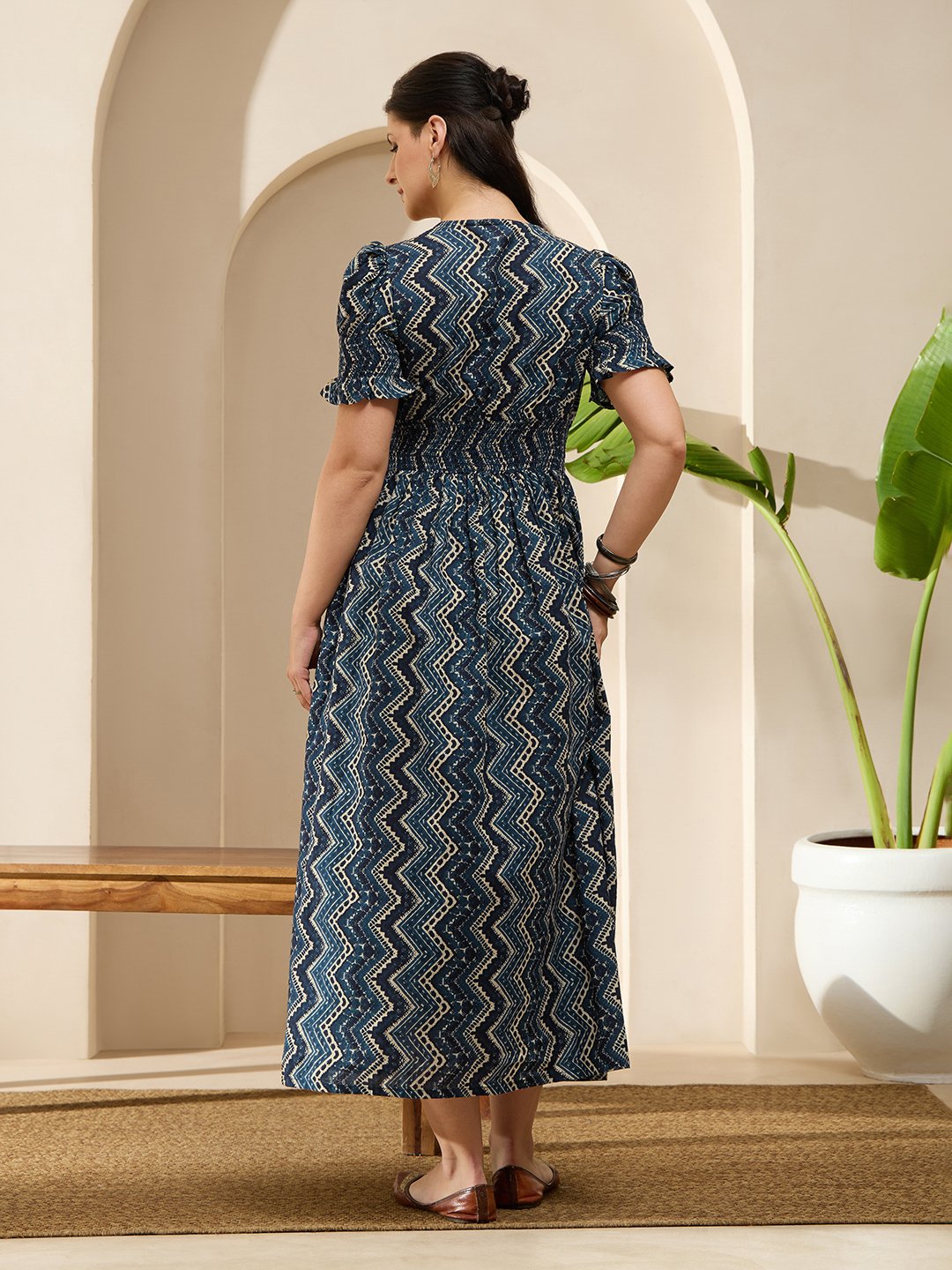 Navy Blue Geometric Print Smocked Maxi Dress with Puff Sleeves