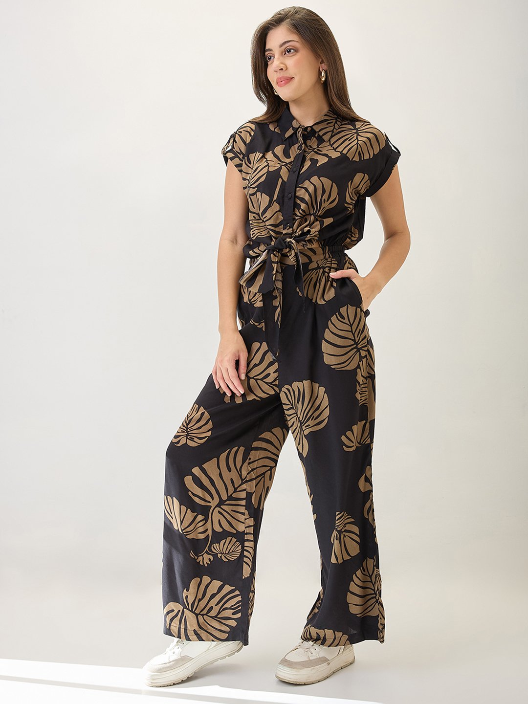 Tropical Print Wide-Leg Jumpsuit in Black