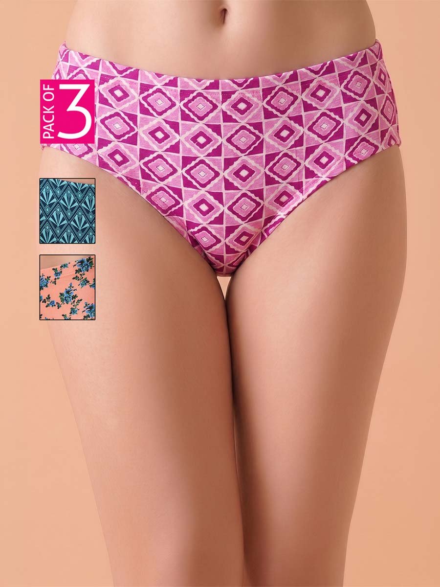 Pack of 3-Mid Waist Printed Hipster Panties with Inner Elastic - 100% Cotton