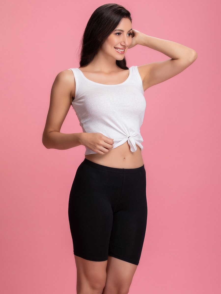 Black Mid-Waist Snug Fit Cotton Blend Cycling Shorts