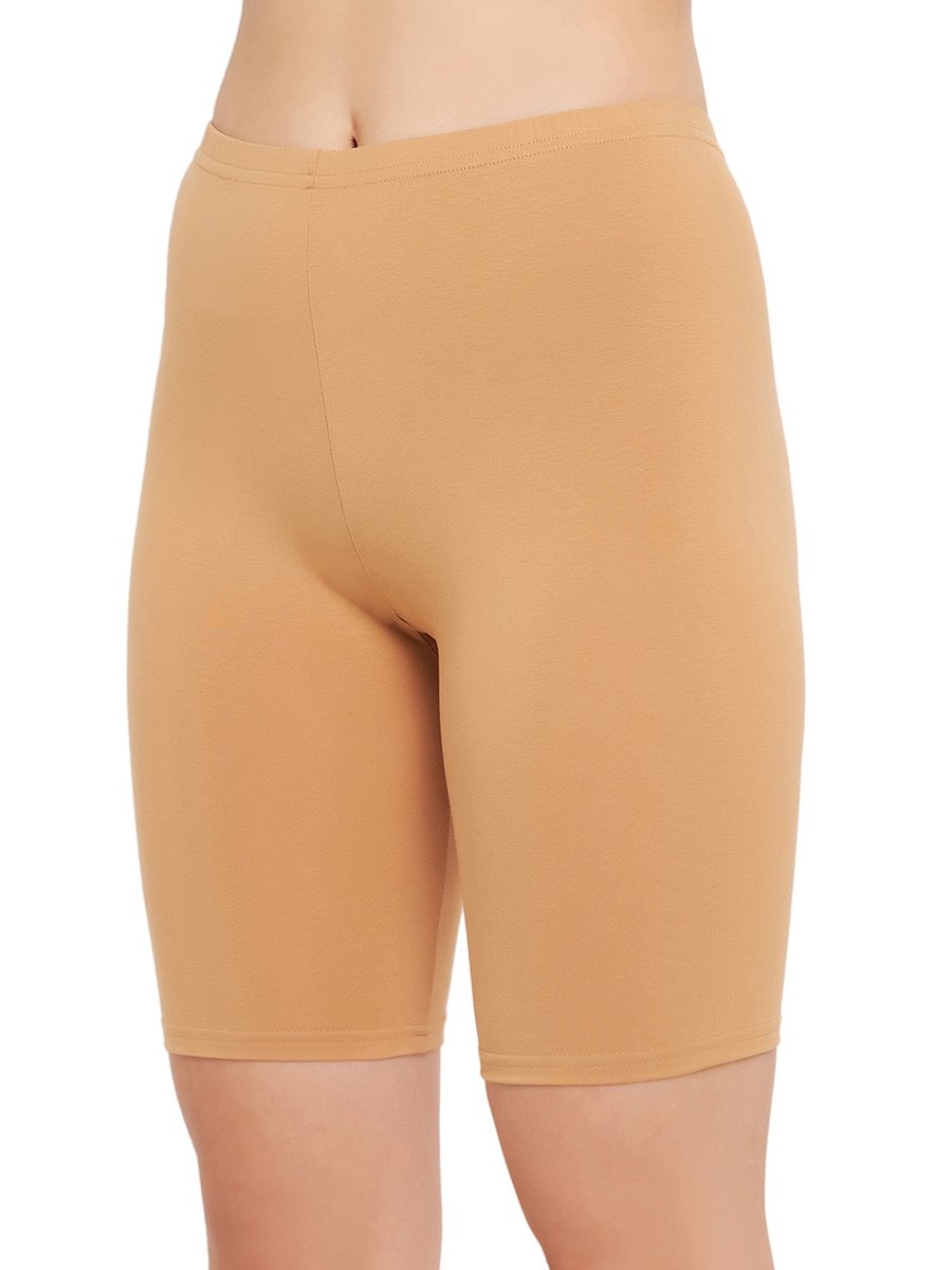 Beige Mid-Waist Cotton Blend Cycling Shorts