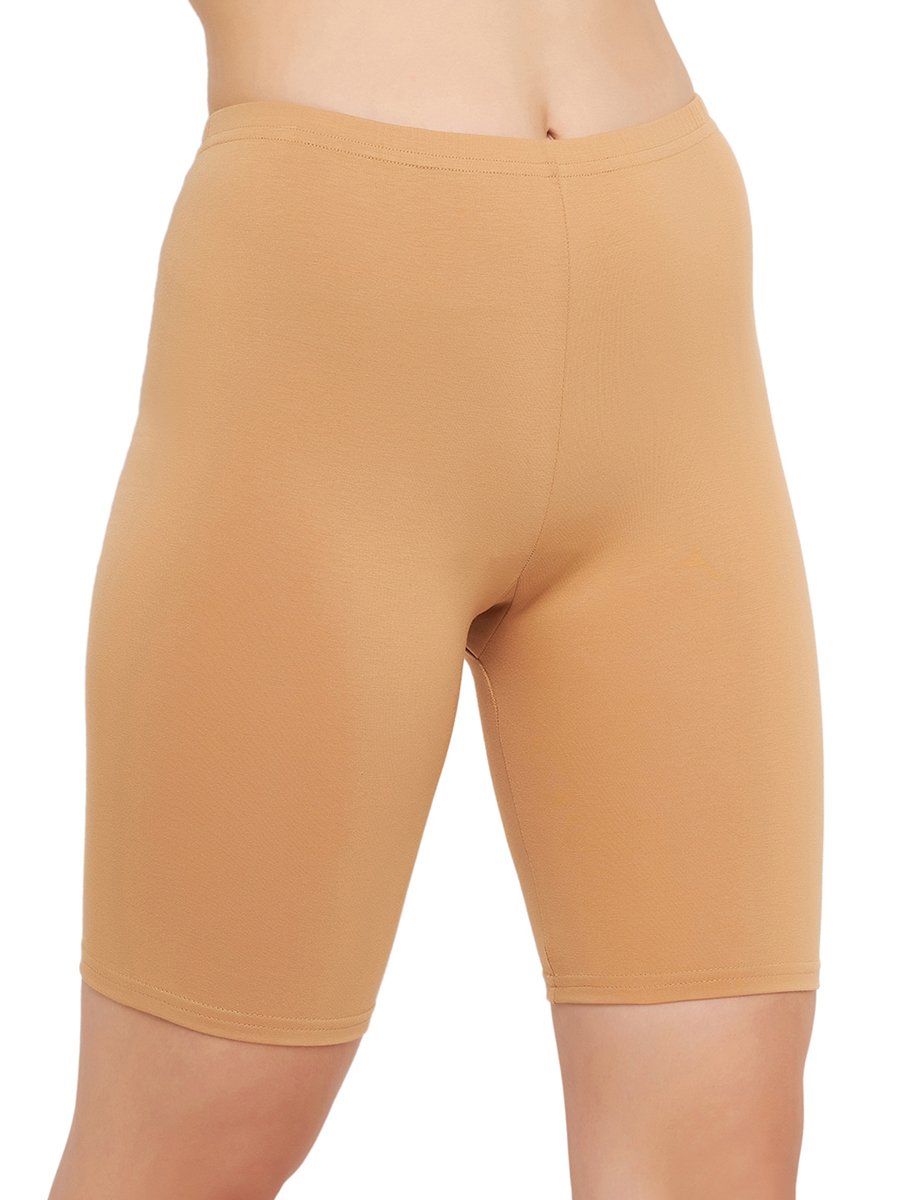 Beige Mid-Waist Cotton Blend Cycling Shorts