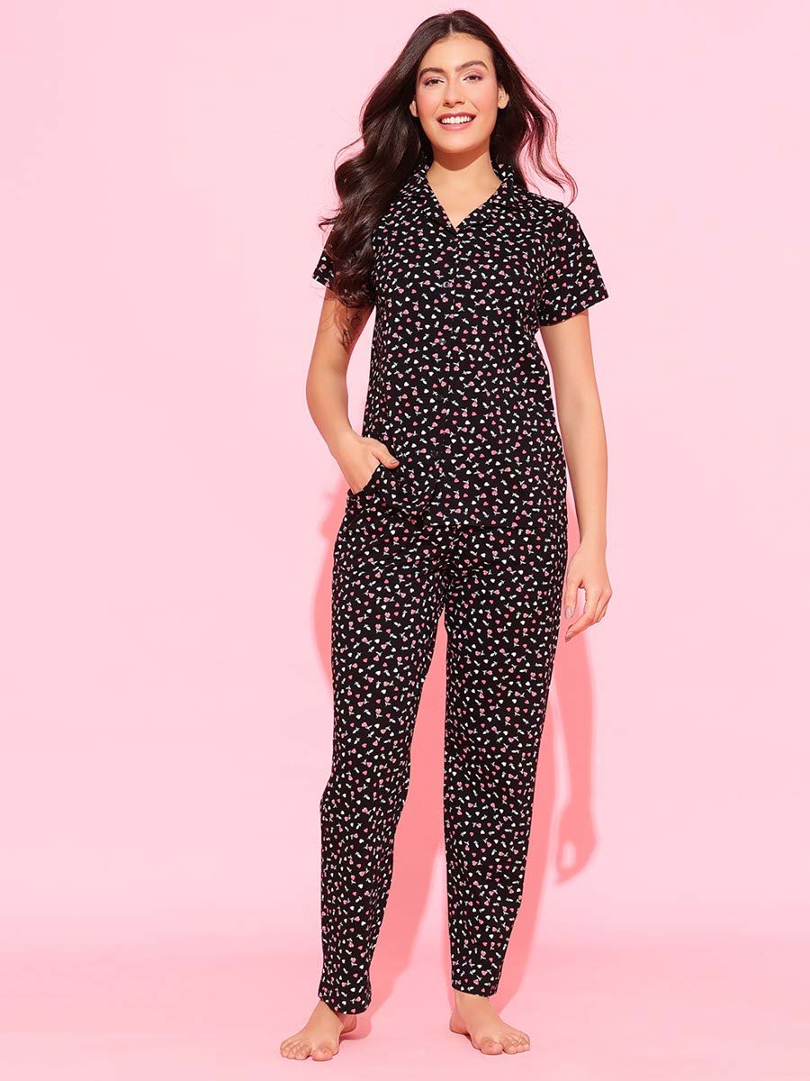 Black All Over Floral Print Shirt and Pants Pyjama Set