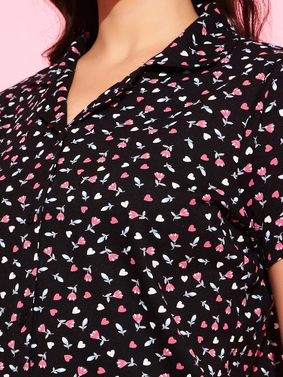 Black All Over Floral Print Shirt and Pants Pyjama Set