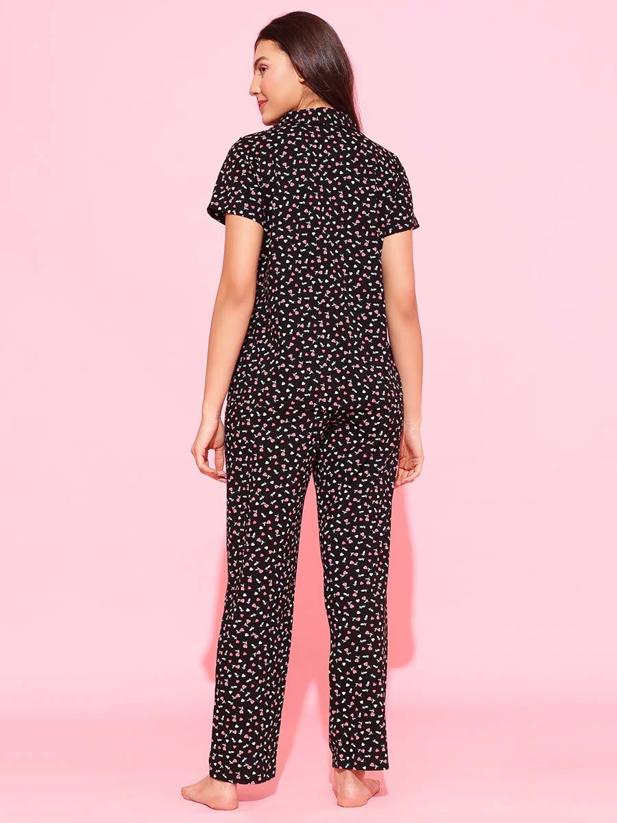 Black All Over Floral Print Shirt and Pants Pyjama Set