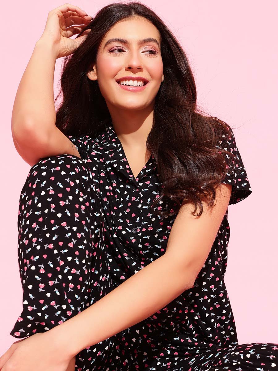 Black All Over Floral Print Shirt and Pants Pyjama Set