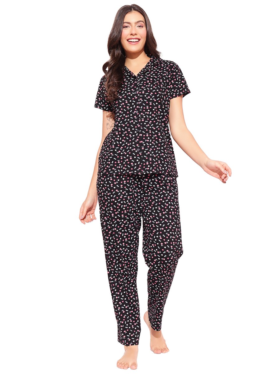 Black All Over Floral Print Shirt and Pants Pyjama Set