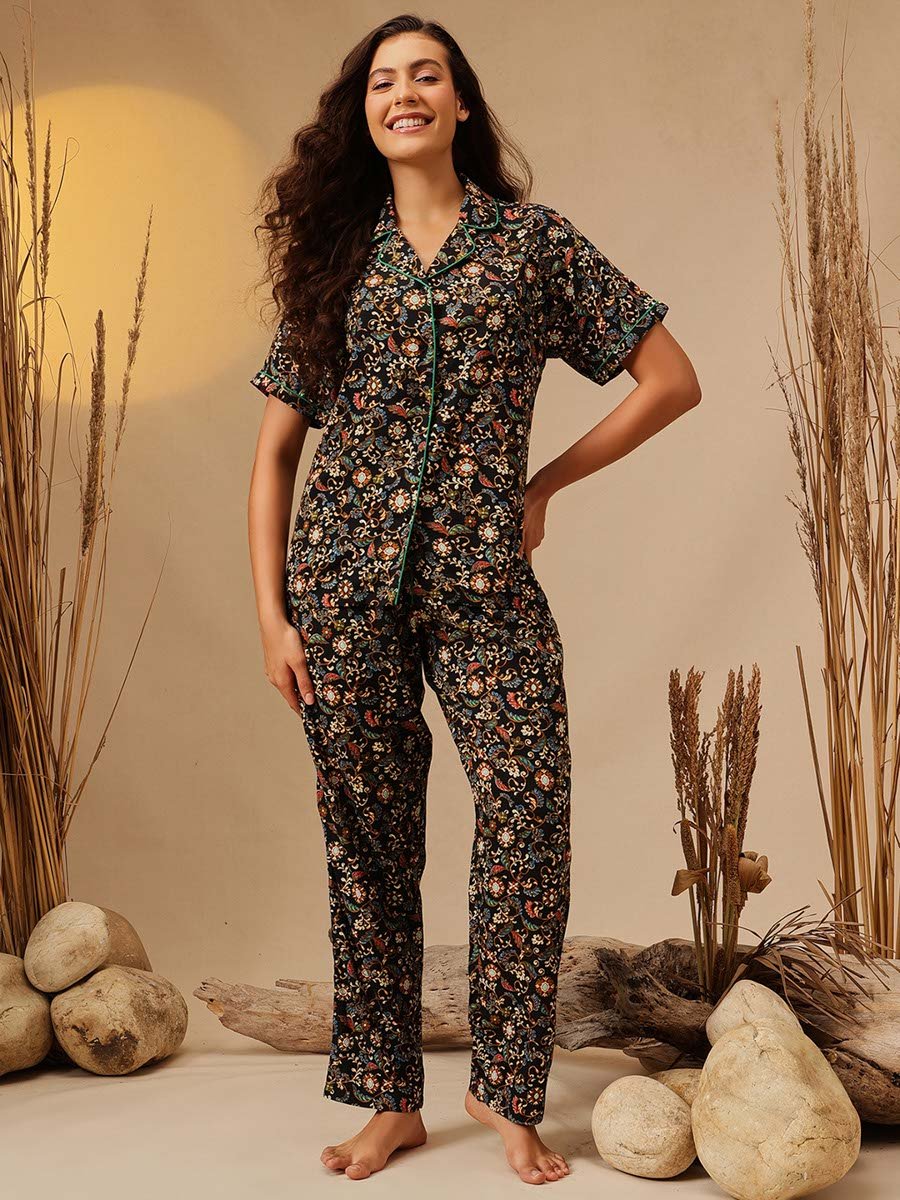 Black Paisley Print Shirt and Pants Pyjama Set