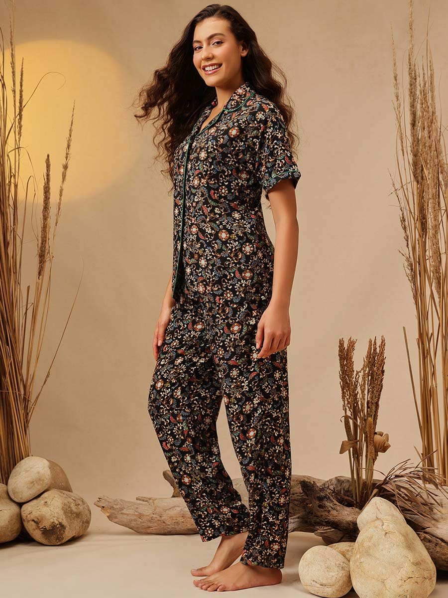 Black Paisley Print Shirt and Pants Pyjama Set