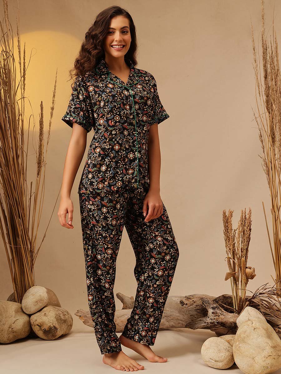 Black Paisley Print Shirt and Pants Pyjama Set