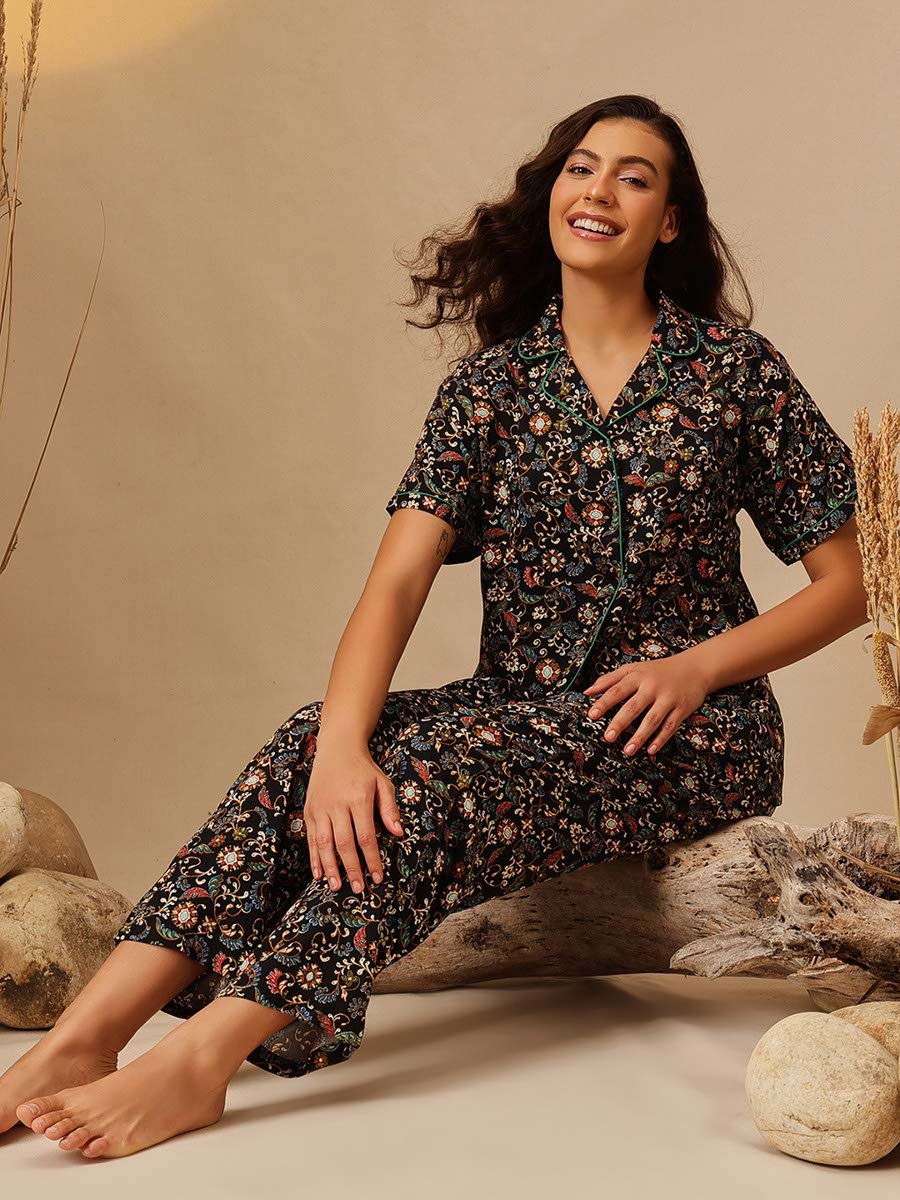 Black Paisley Print Shirt and Pants Pyjama Set