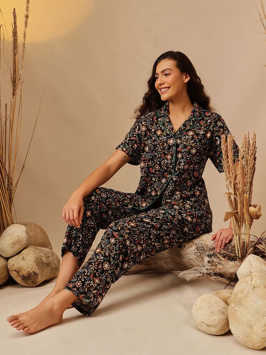 Black Paisley Print Shirt and Pants Pyjama Set