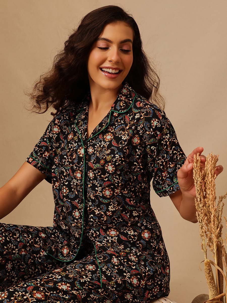 Black Paisley Print Shirt and Pants Pyjama Set