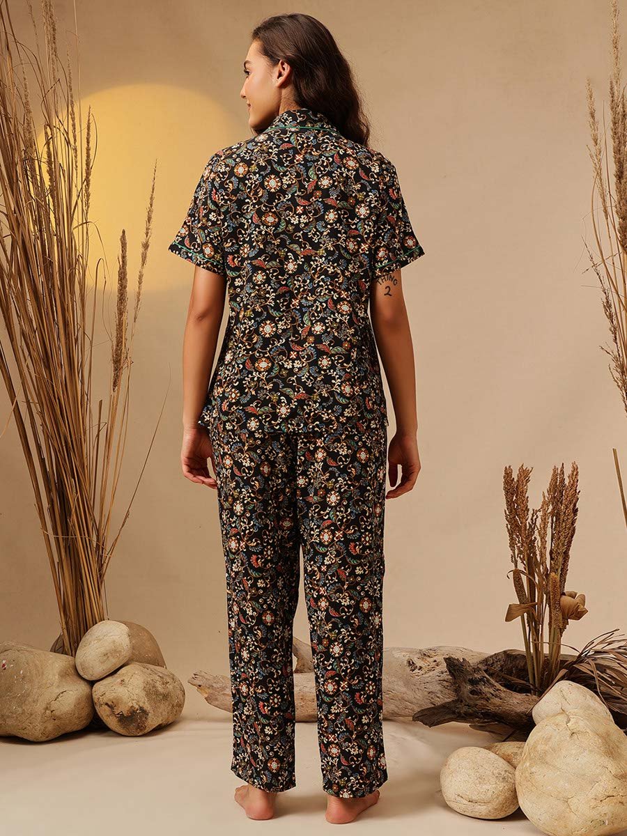 Black Paisley Print Shirt and Pants Pyjama Set