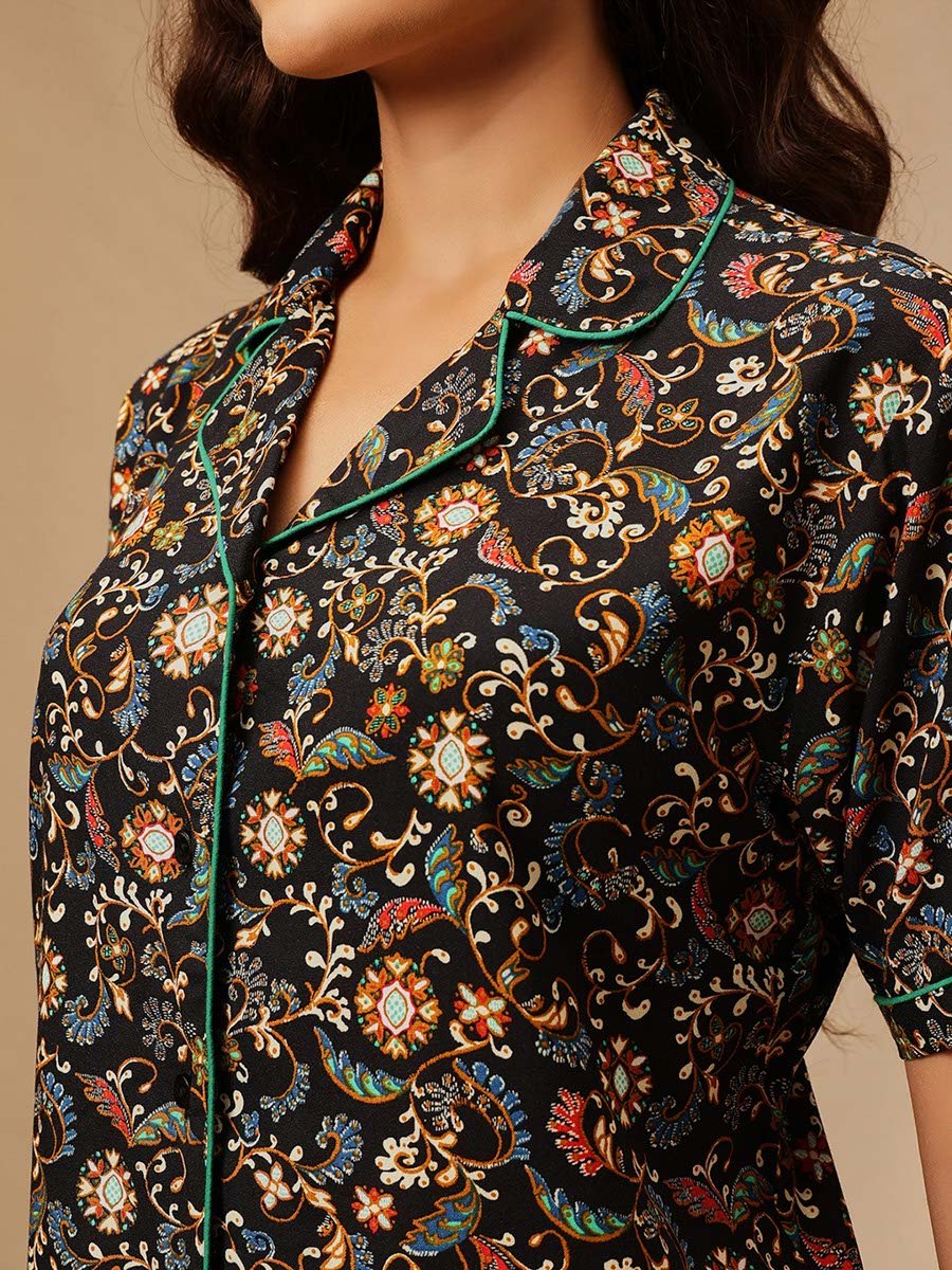 Black Paisley Print Shirt and Pants Pyjama Set