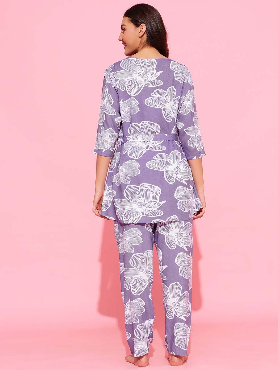 Pack of 3 - Light Purple Floral Print Robe, Cami and Pants Pyjama Set