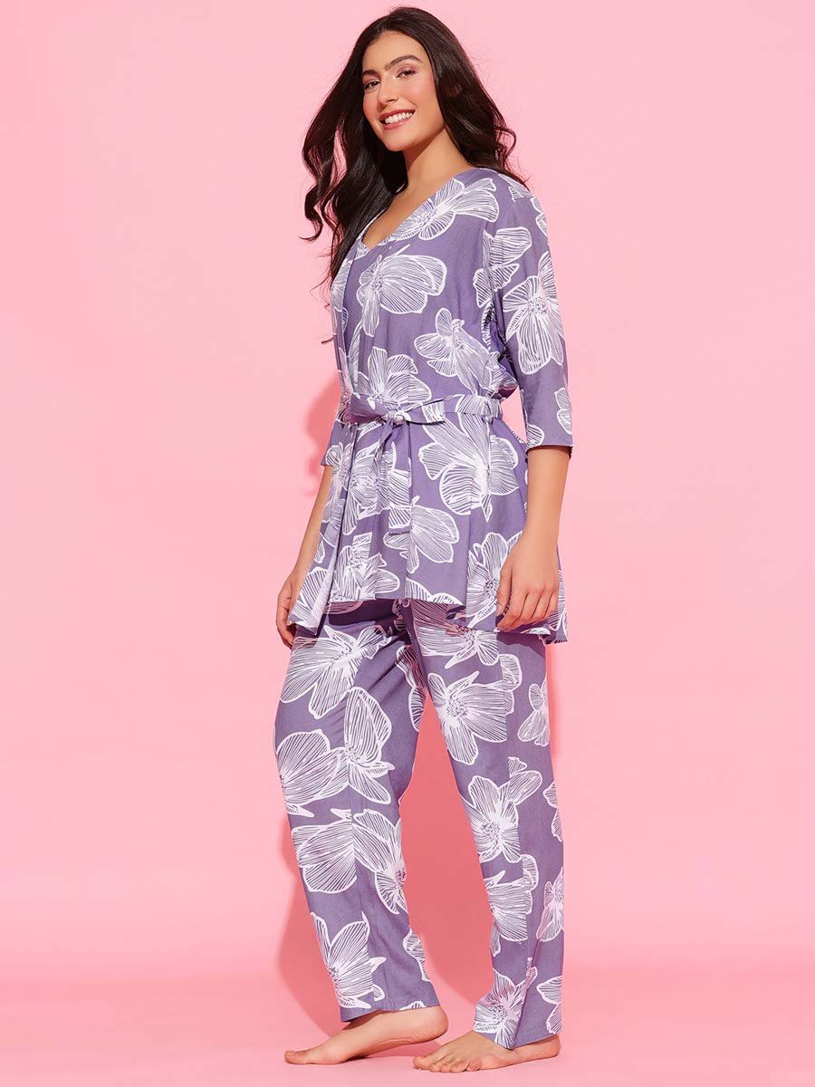 Pack of 3 - Light Purple Floral Print Robe, Cami and Pants Pyjama Set