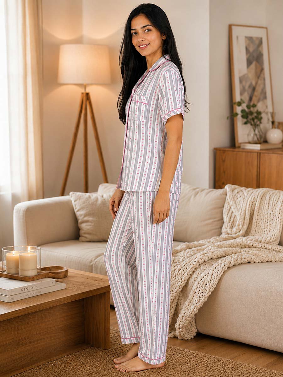 White Heart Print Striped Shirt and Pants Pyjama Set