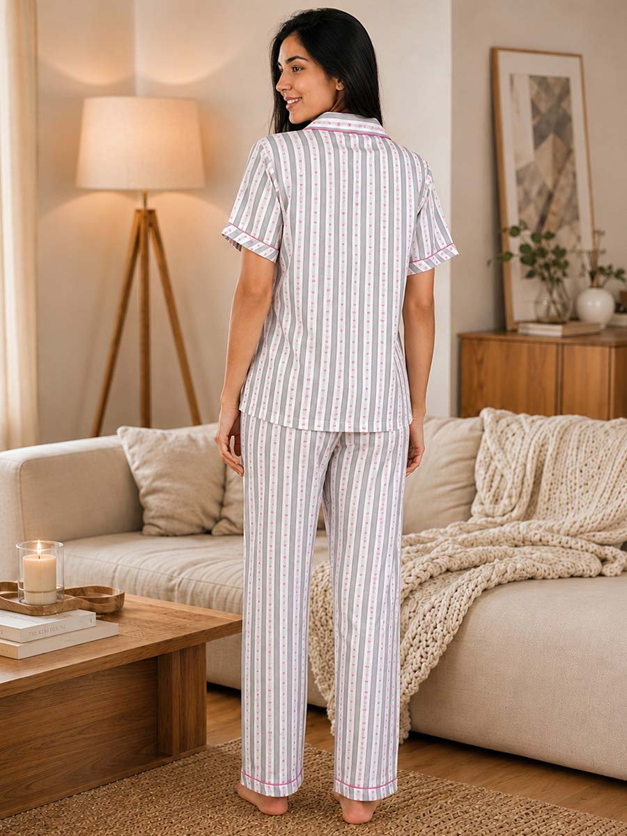 White Heart Print Striped Shirt and Pants Pyjama Set