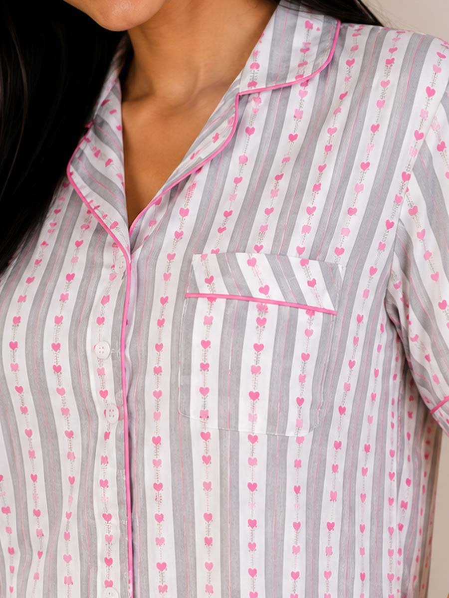 White Heart Print Striped Shirt and Pants Pyjama Set