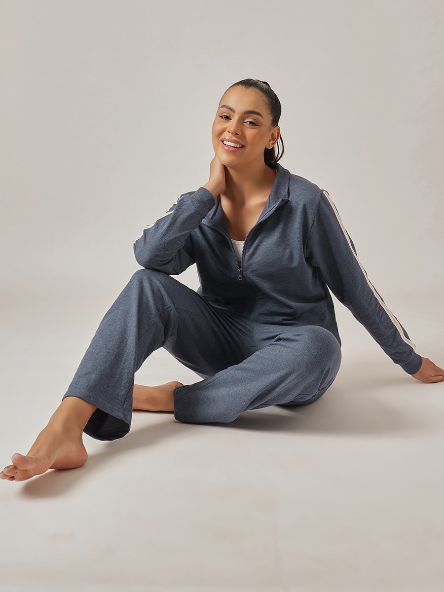 Navy Blue Knitted Tracksuit Pyjama Set with Side Stripes