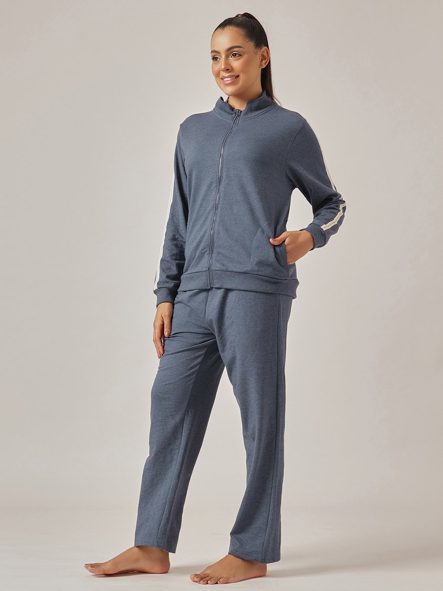 Navy Blue Knitted Tracksuit Pyjama Set with Side Stripes