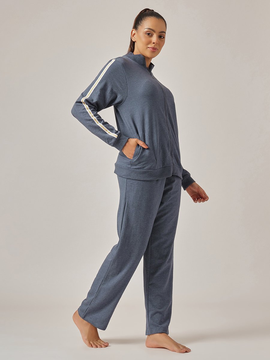 Navy Blue Knitted Tracksuit Pyjama Set with Side Stripes