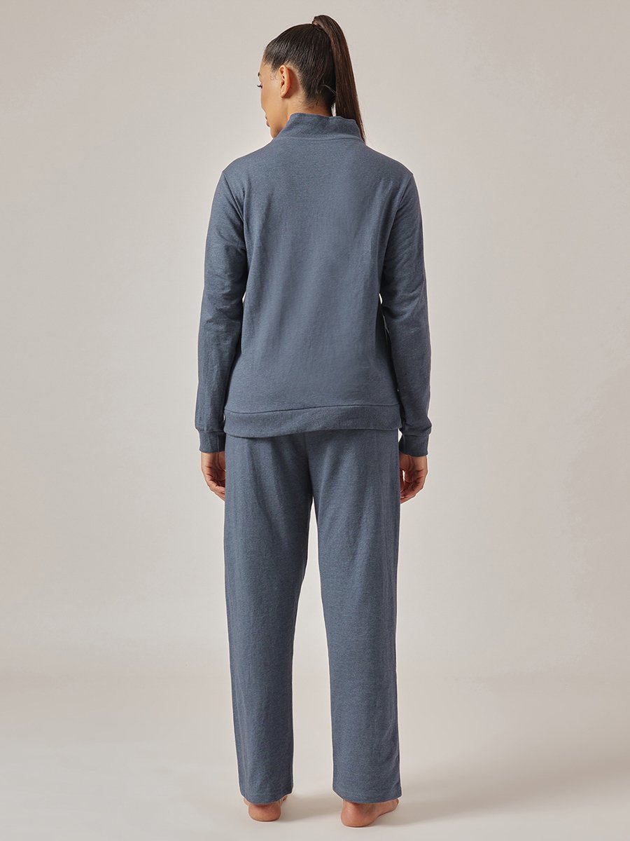 Navy Blue Knitted Tracksuit Pyjama Set with Side Stripes