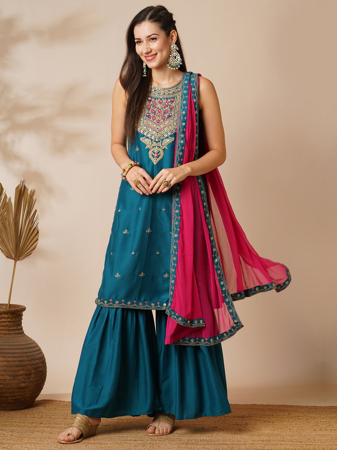 Teal Embroidered Muslin Sharara Set with Contrast Dupatta