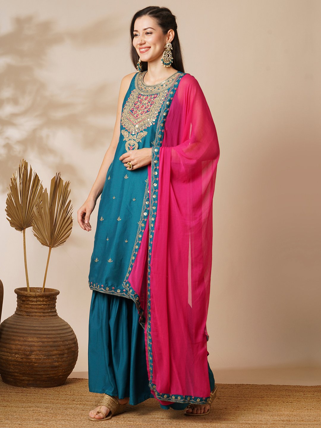 Teal Embroidered Muslin Sharara Set with Contrast Dupatta