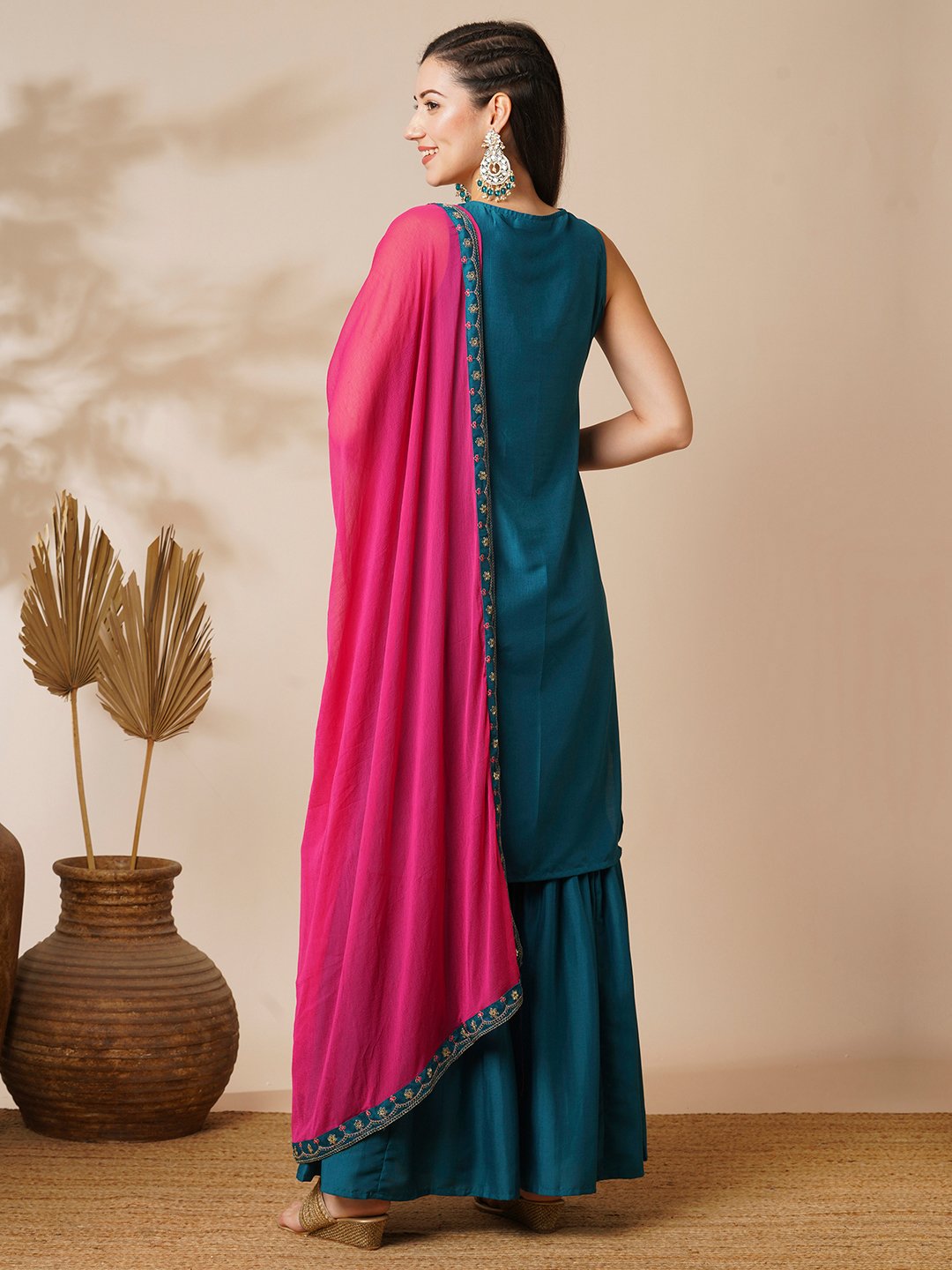 Teal Embroidered Muslin Sharara Set with Contrast Dupatta