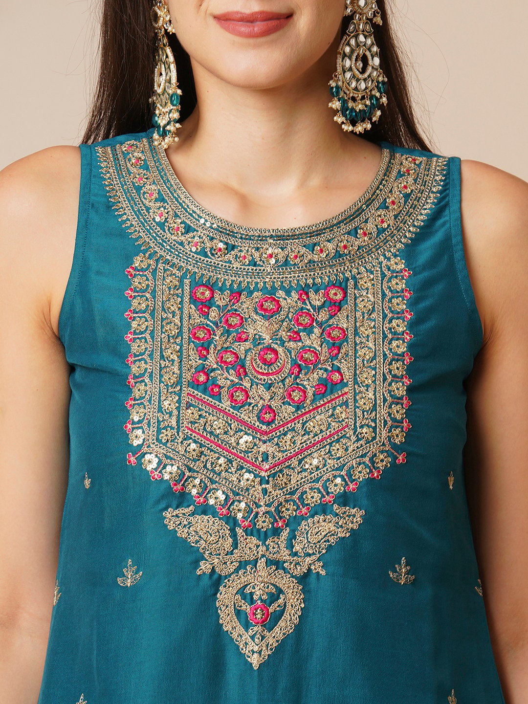 Teal Embroidered Muslin Sharara Set with Contrast Dupatta