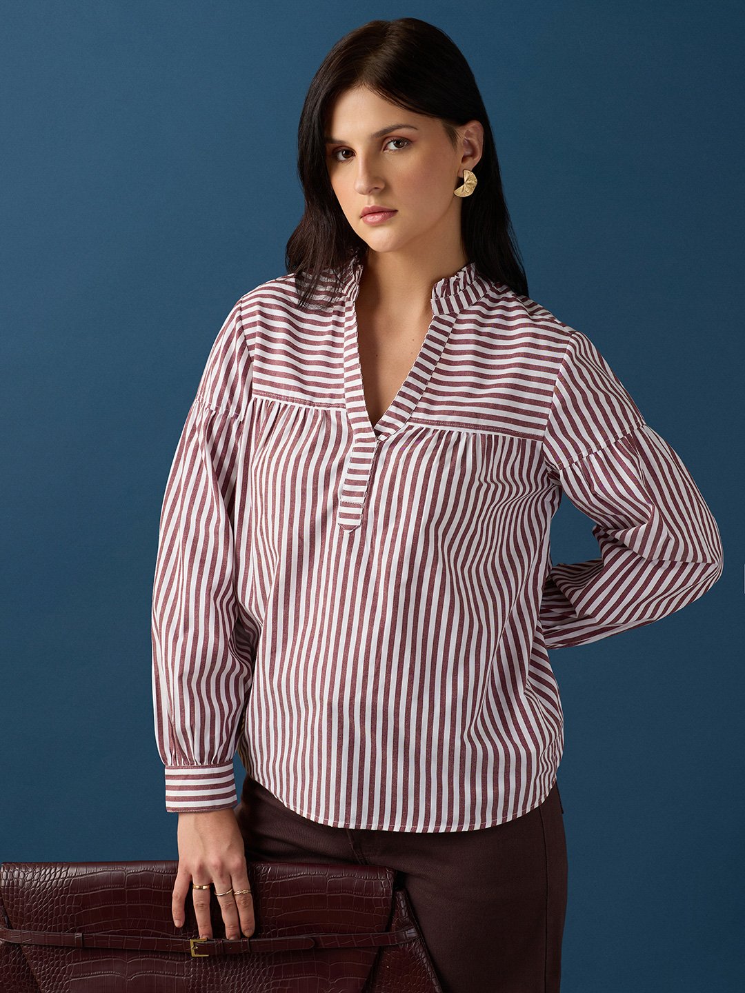 Brown Striped Long Sleeve Blouse for Women