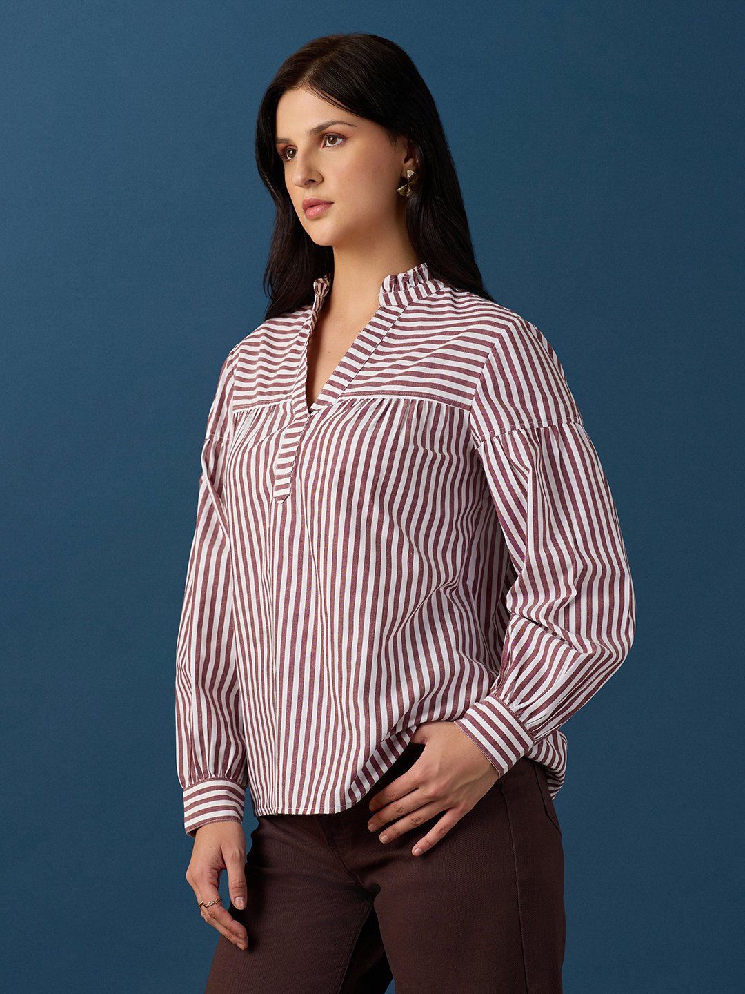 Brown Striped Long Sleeve Blouse for Women