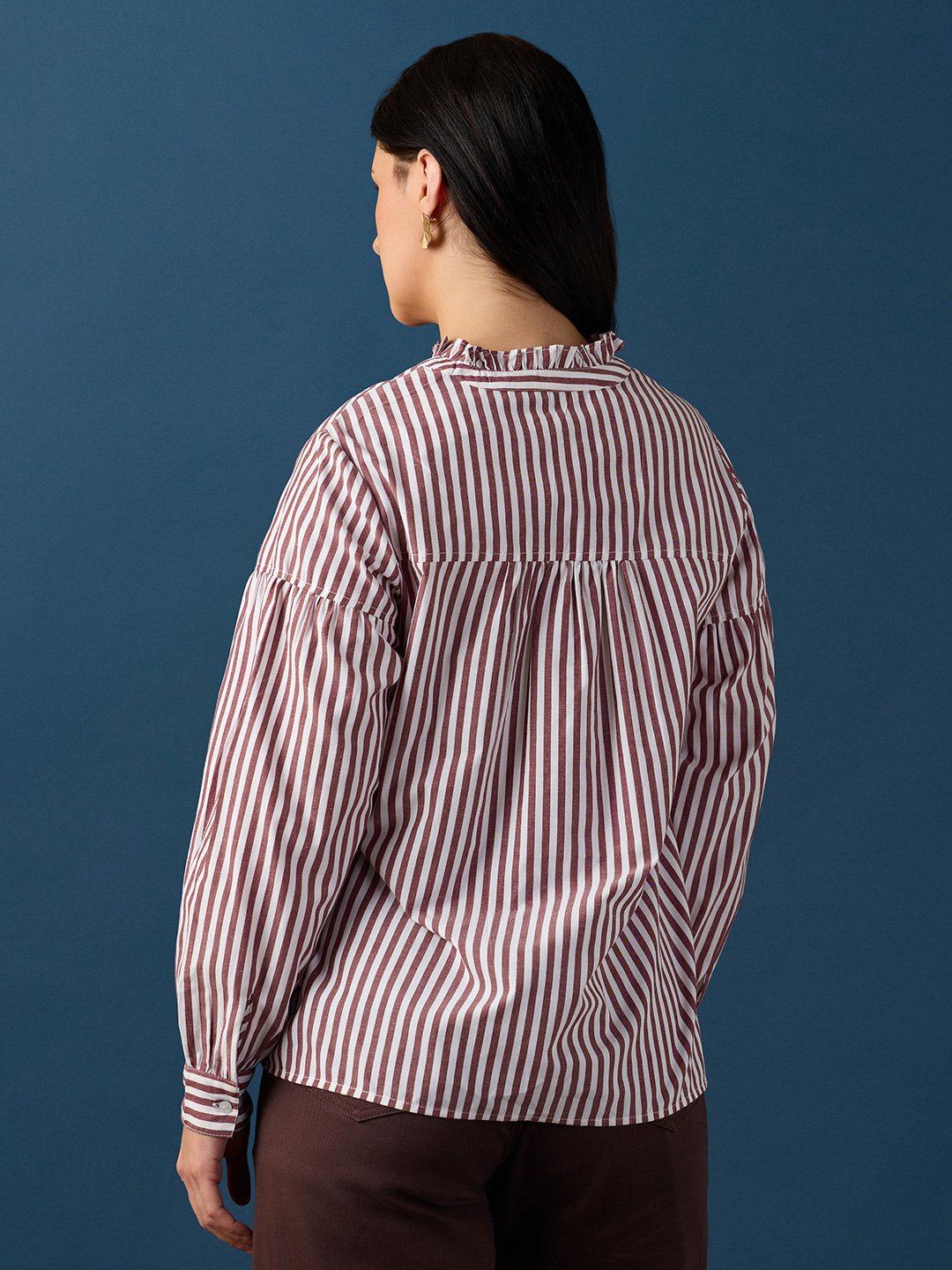 Brown Striped Long Sleeve Blouse for Women