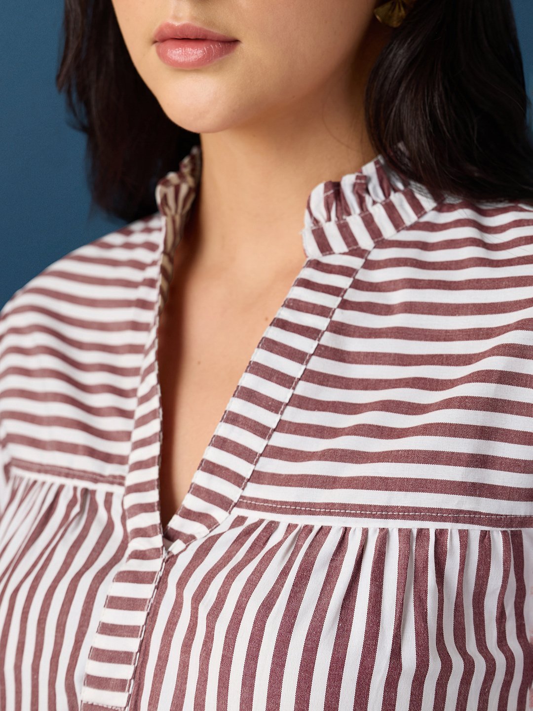 Brown Striped Long Sleeve Blouse for Women