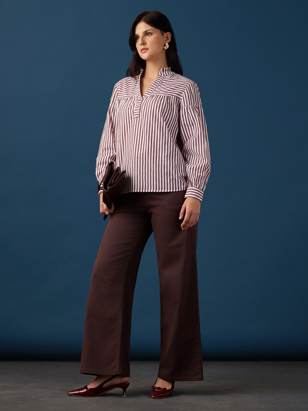Brown Striped Long Sleeve Blouse for Women