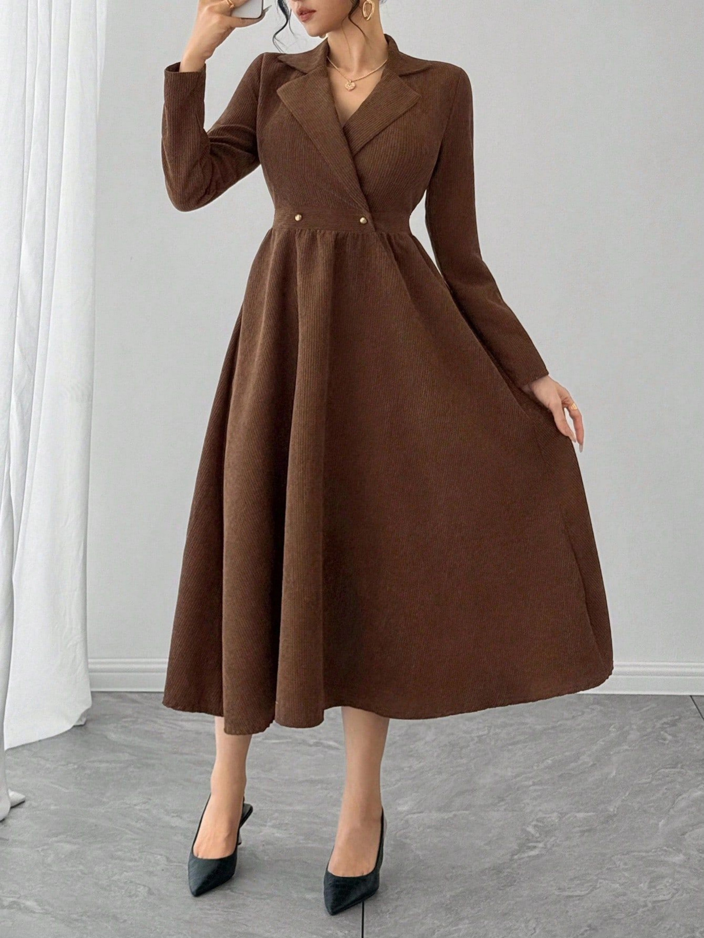 Brown Corduroy A-Line Maxi Dress with Lapel Collar