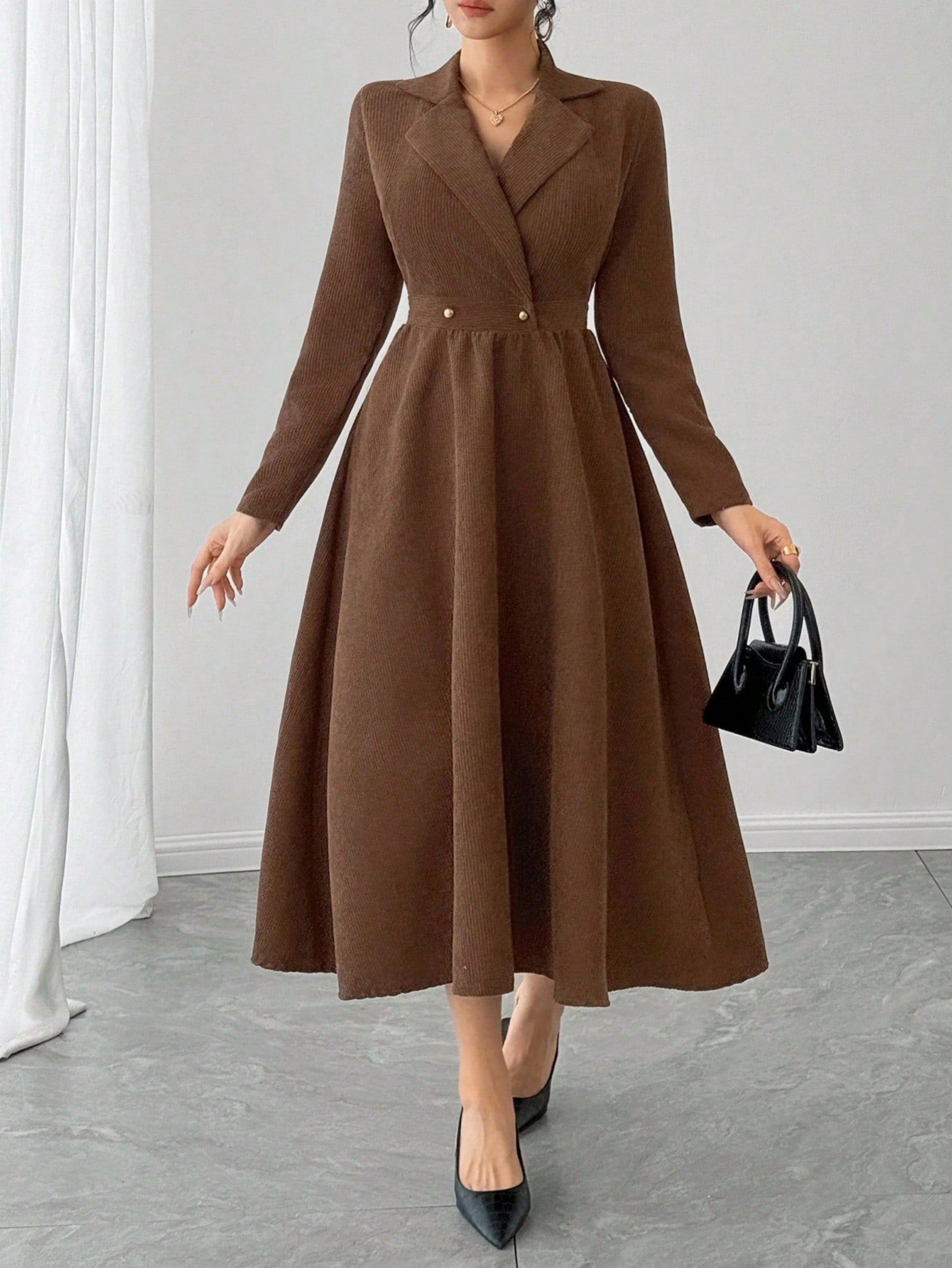 Brown Corduroy A-Line Maxi Dress with Lapel Collar