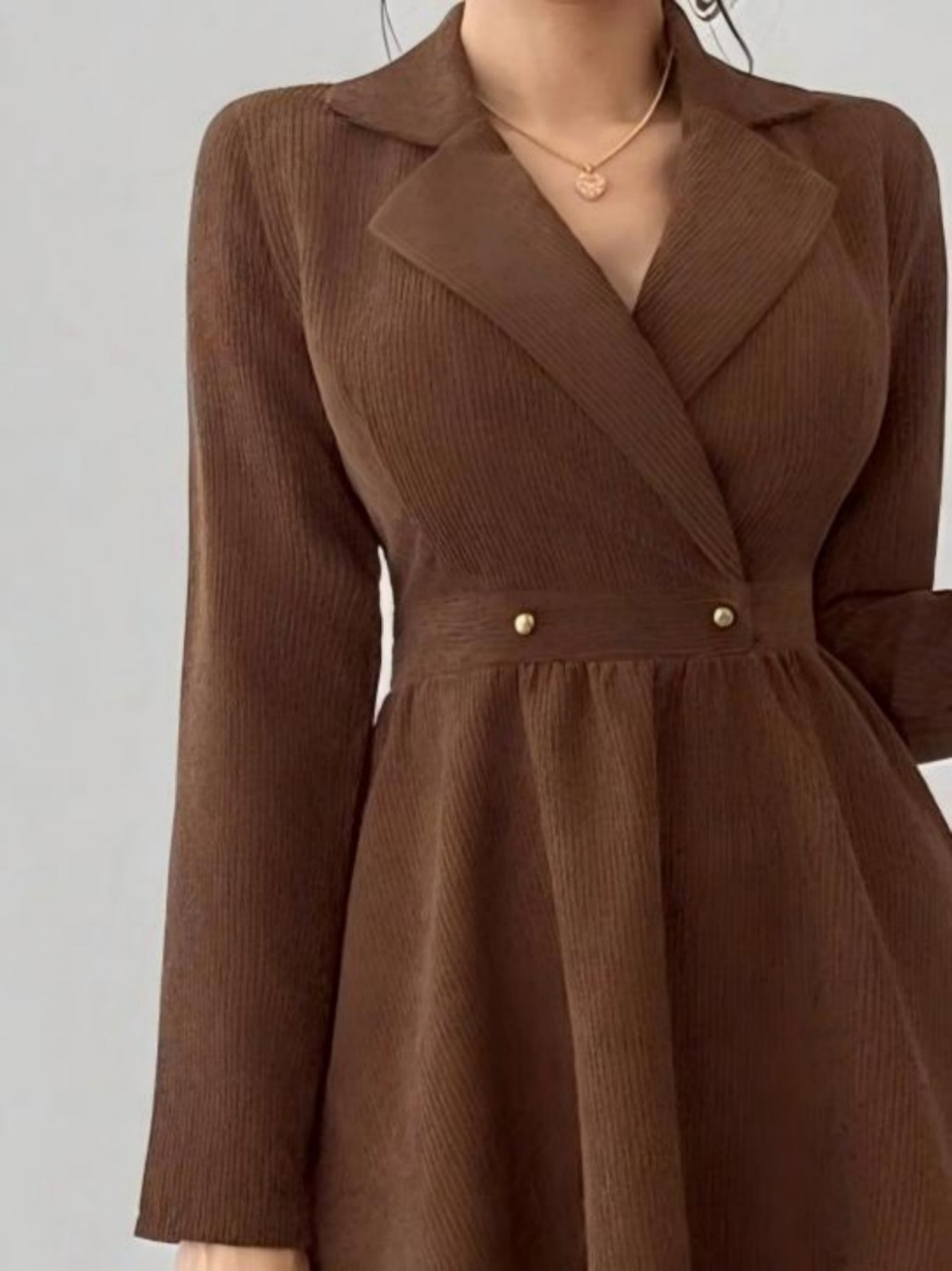 Brown Corduroy A-Line Maxi Dress with Lapel Collar