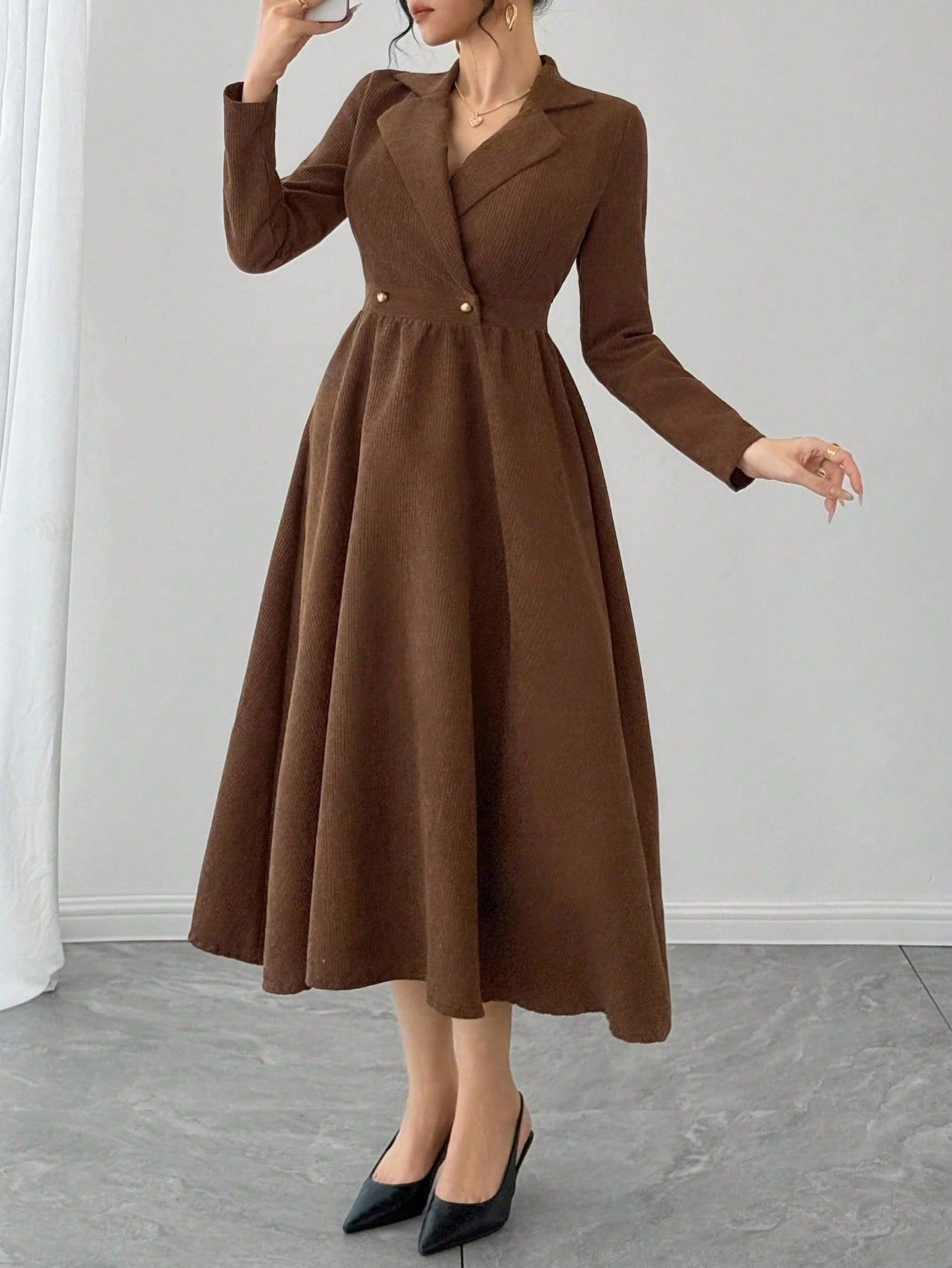 Brown Corduroy A-Line Maxi Dress with Lapel Collar