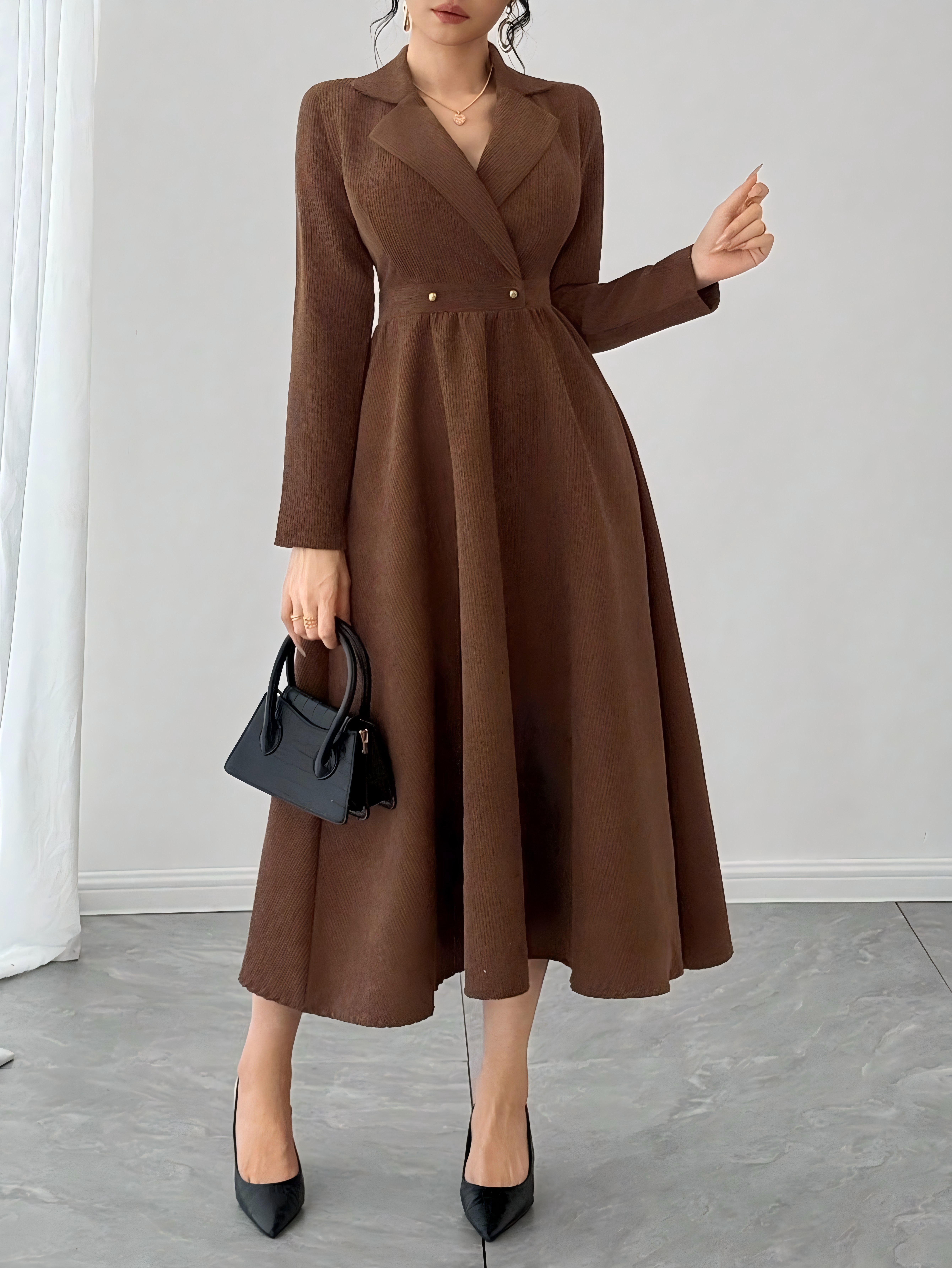 Brown Corduroy A-Line Maxi Dress with Lapel Collar