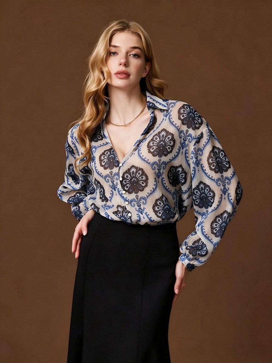 Dark Blue Floral Long Sleeve Shirt